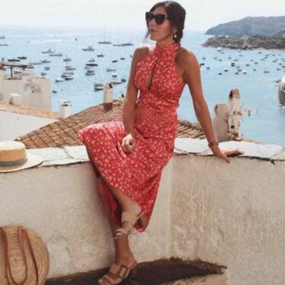 New Zara Red & Pink Floral Satin Halter Midi Dress